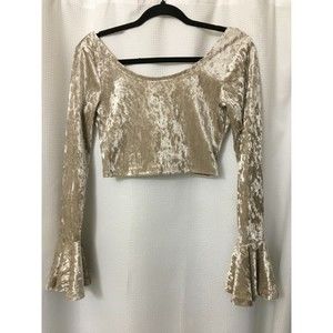 Crush Velour Crop Top Boho Bell Sleeves Size Small Cross Back Platinum Color  A1